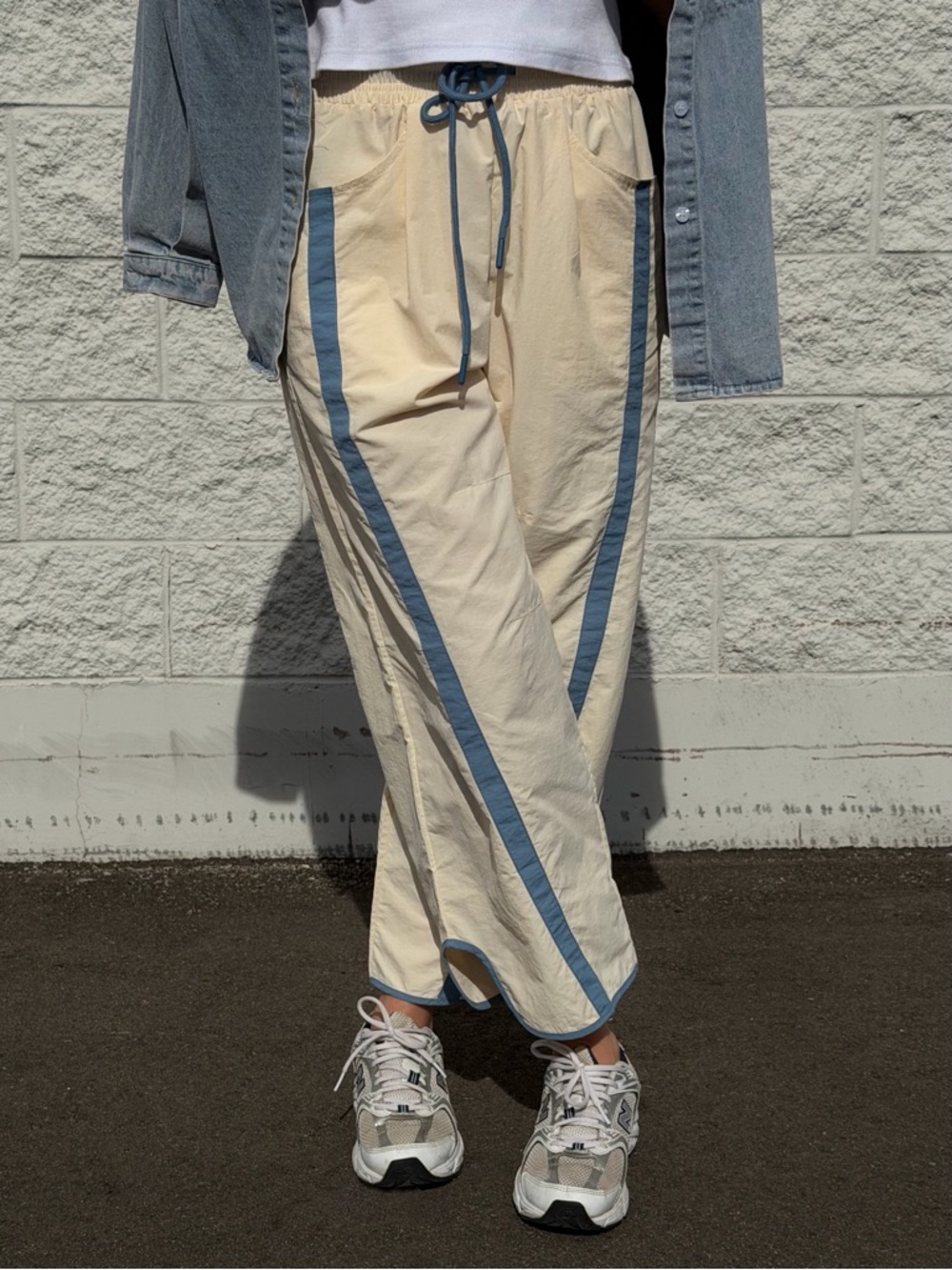 Cream/Blue Y2K Baggy Wide Leg Track Pants - Size S - Picture 3 of 5
